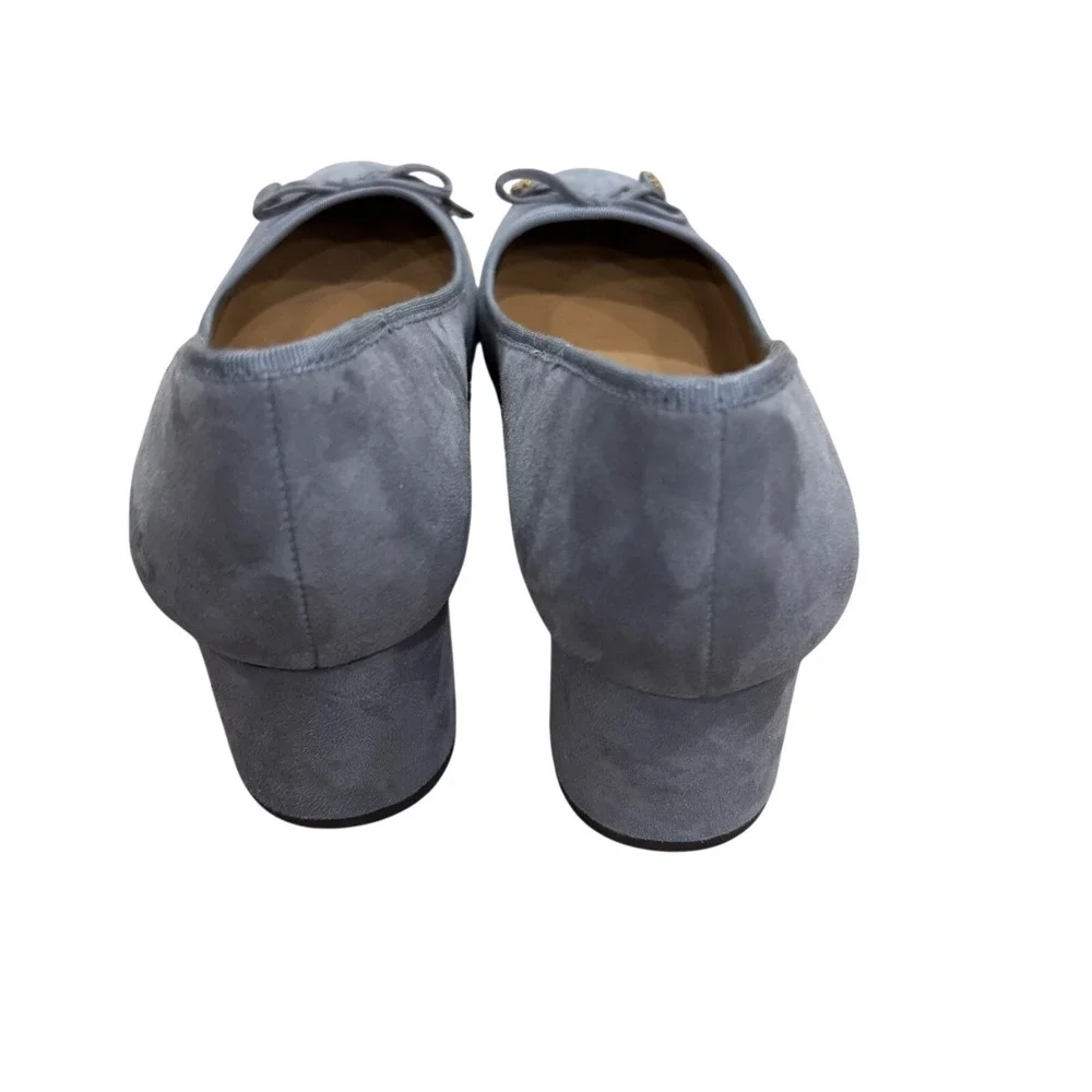 Tory Burch Laila Driver Pumps Gray Suede Gold Logo Block‎ Heel Round Toe sz 11